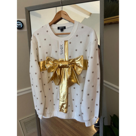 VINYL Holiday Christmas Sweatshirt Women’s Large White Gold Bow Ugly Sweater - Picture 4 of 7